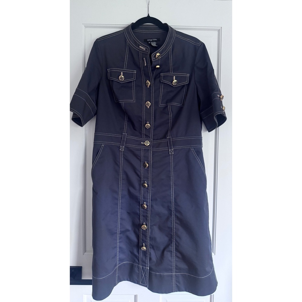 Etcetera Womn Gray Contrast Stitch Button Front Utility Shirt Dress 14 military